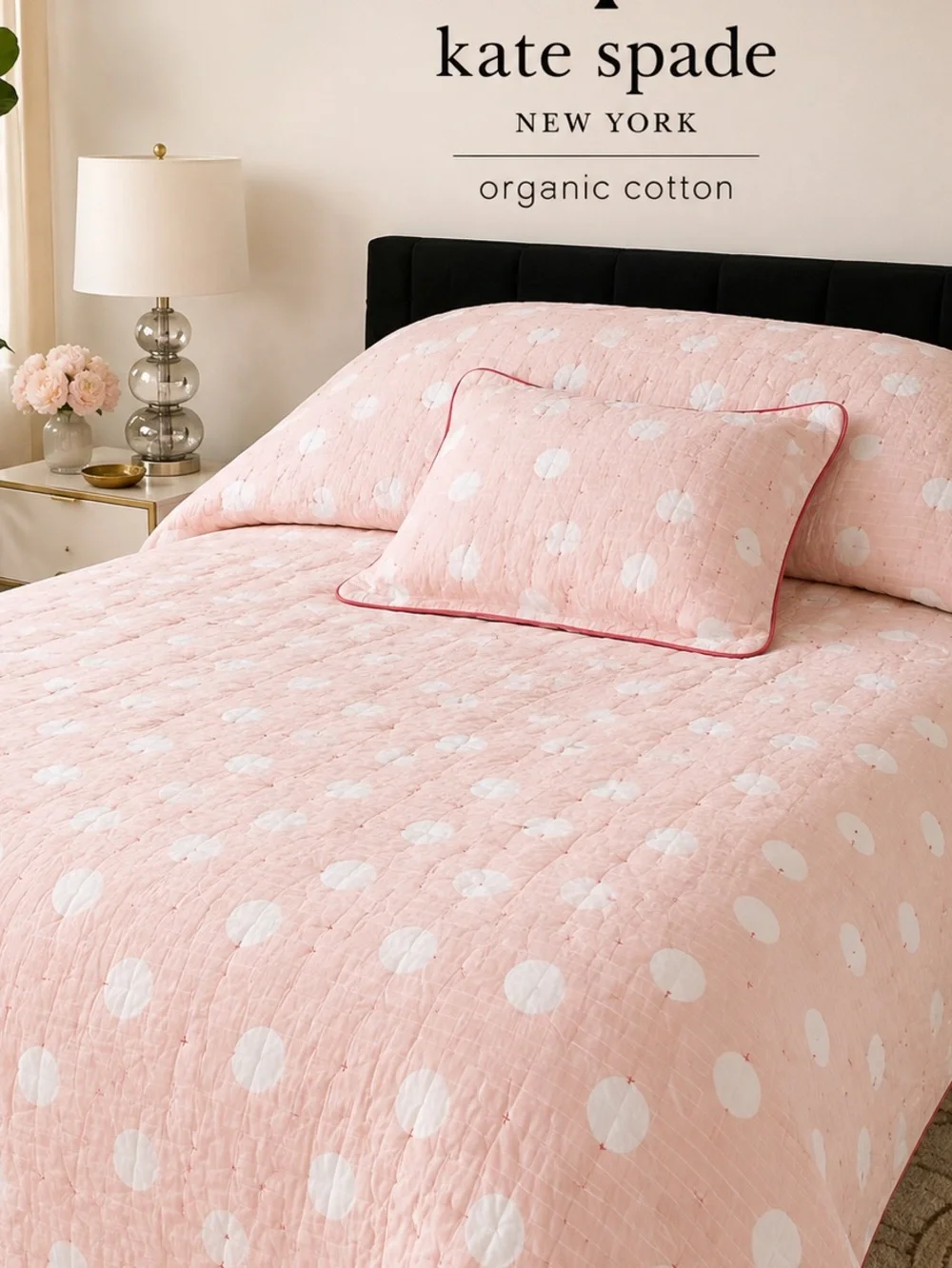 Kate Spade New York Organic Cotton Polka Dot Quilt Set Pink White Luxury Bedding